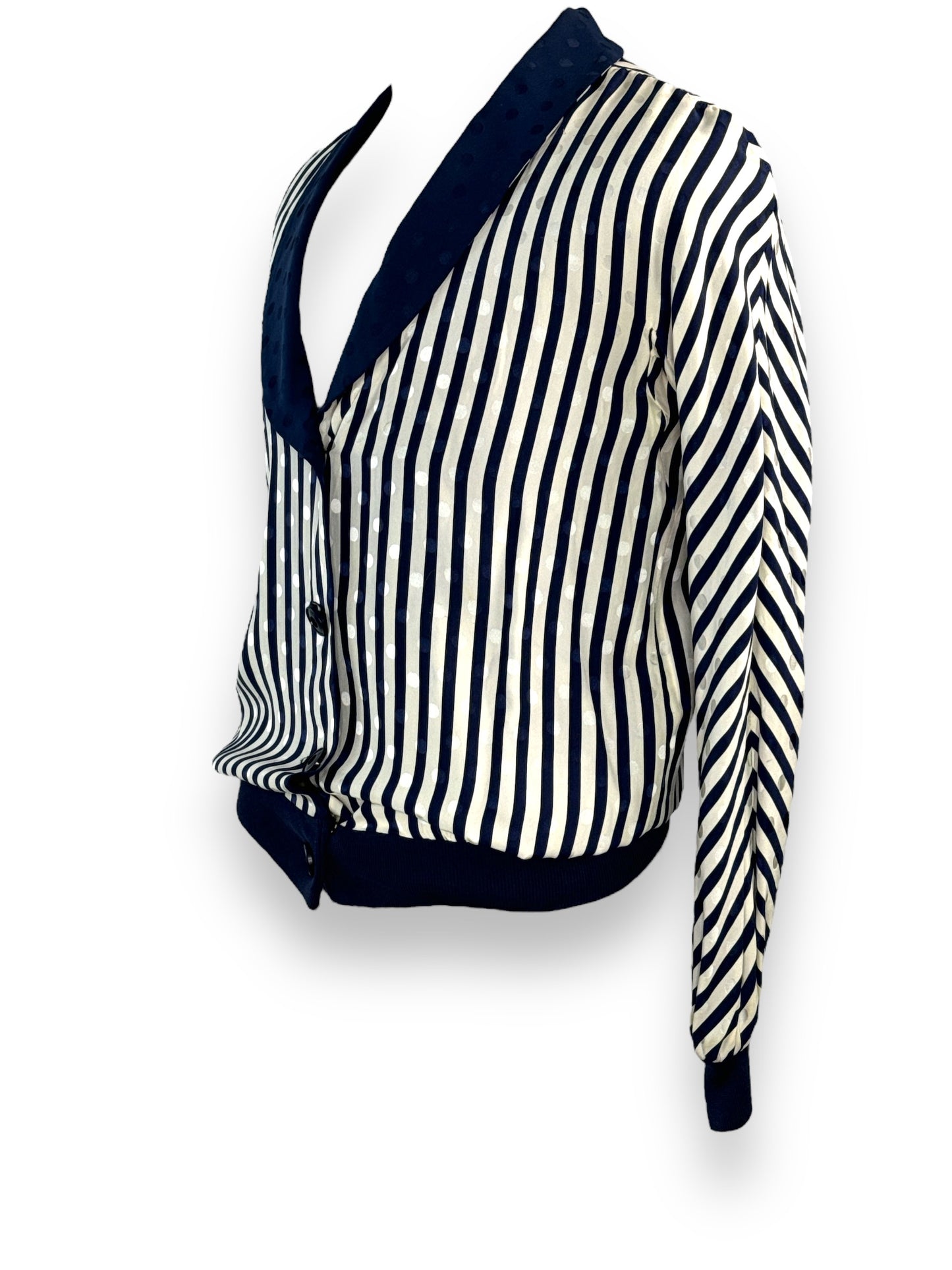 1970s Valentino Blue and White Striped and Polka Dot Silk Top