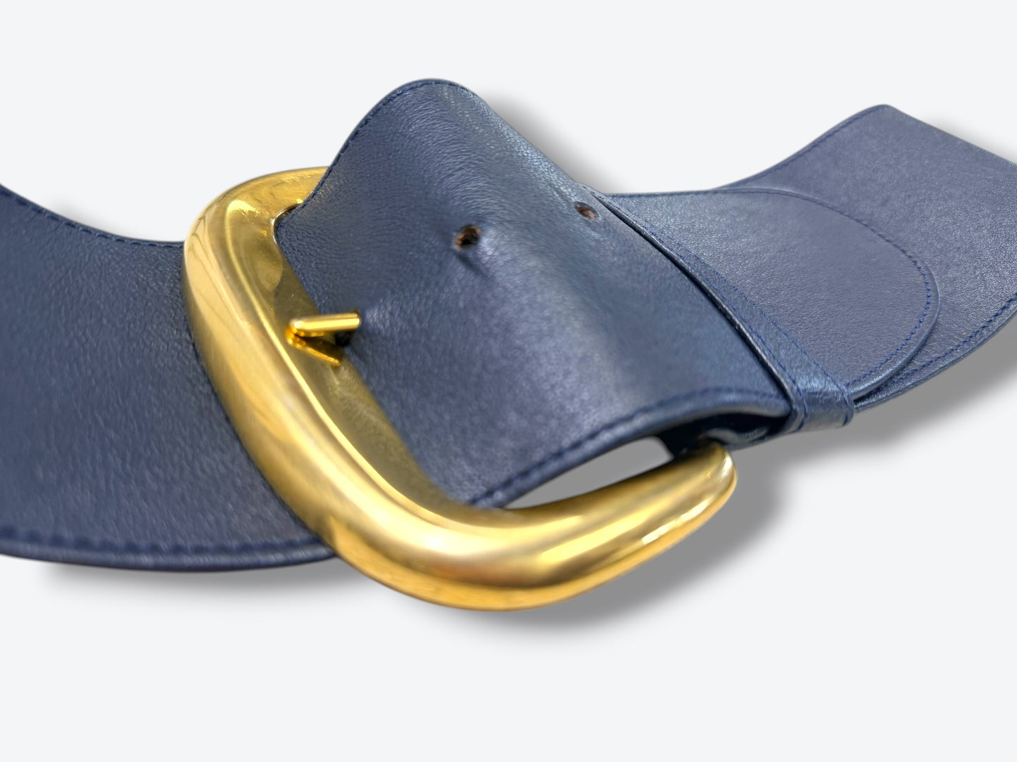 Vintage Donna Karan Navy Obi Leather Wide Waist Belt with Gold Buckle