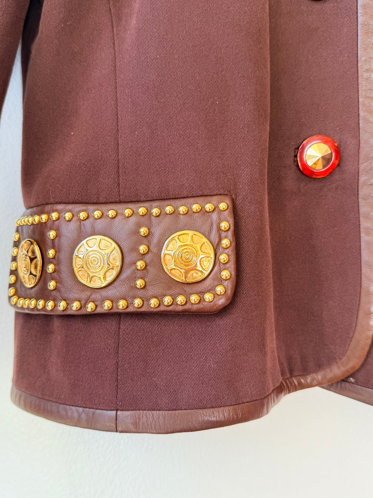 1990s Raffinalla Leather and Gold Hardware Brown Blazer