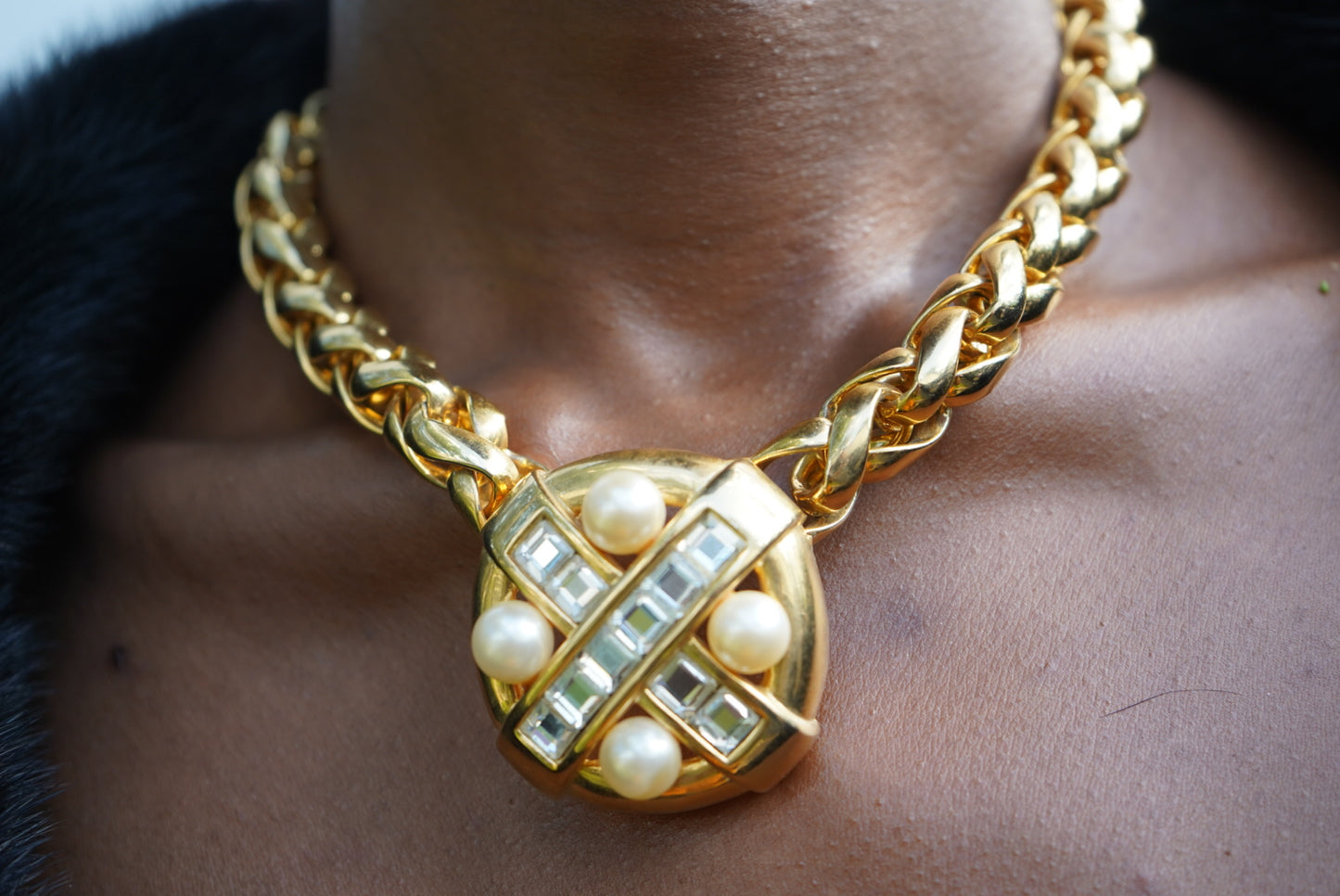 2. Craft Gold Statement Collar with Pearl & Crystal Medallion (Signed)