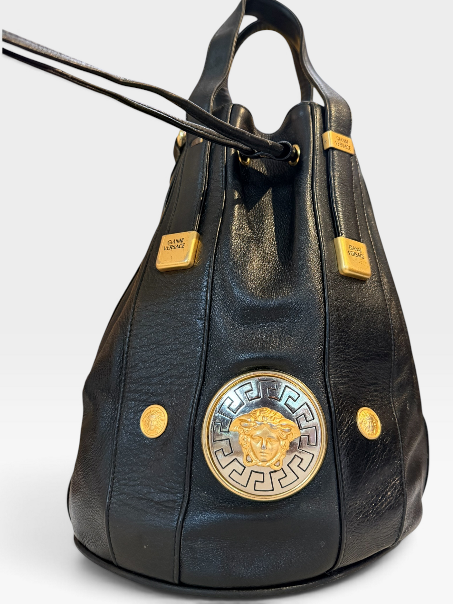 1990s Gianni Versace Medusa Leather Bucket Bag