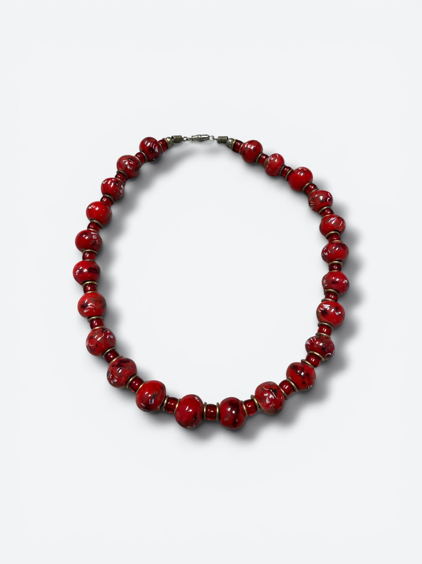 Vintage Artisan Crimson Ceramic Bead Necklace