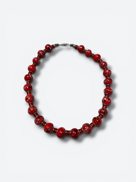 Vintage Artisan Crimson Ceramic Bead Necklace