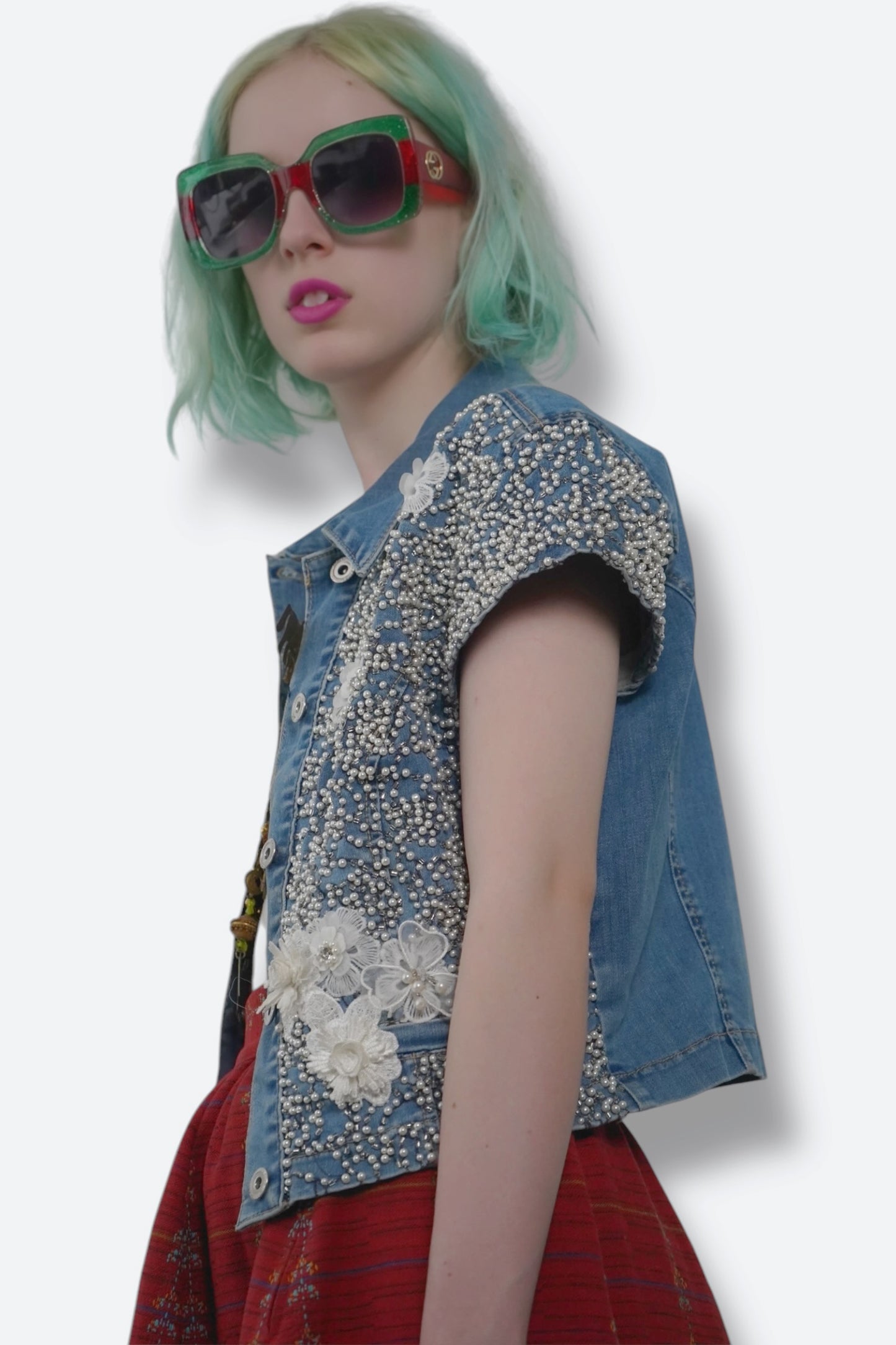 1980s Pearl Denim Embroidered Bolero Jacket