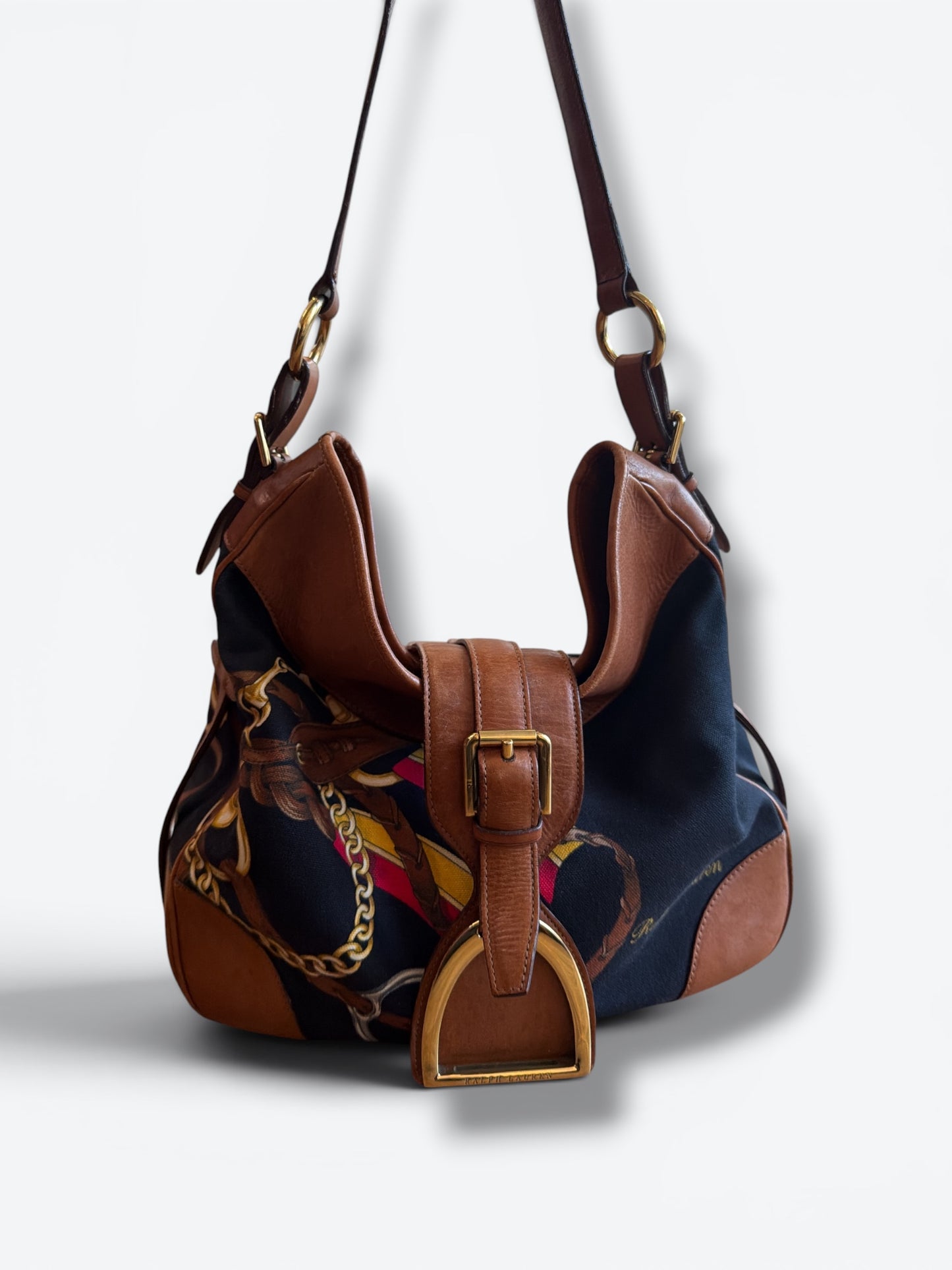 Y2K Ralph Lauren Stirrup Collection Equestrian Canvas & Leather Hobo Shoulder Bag