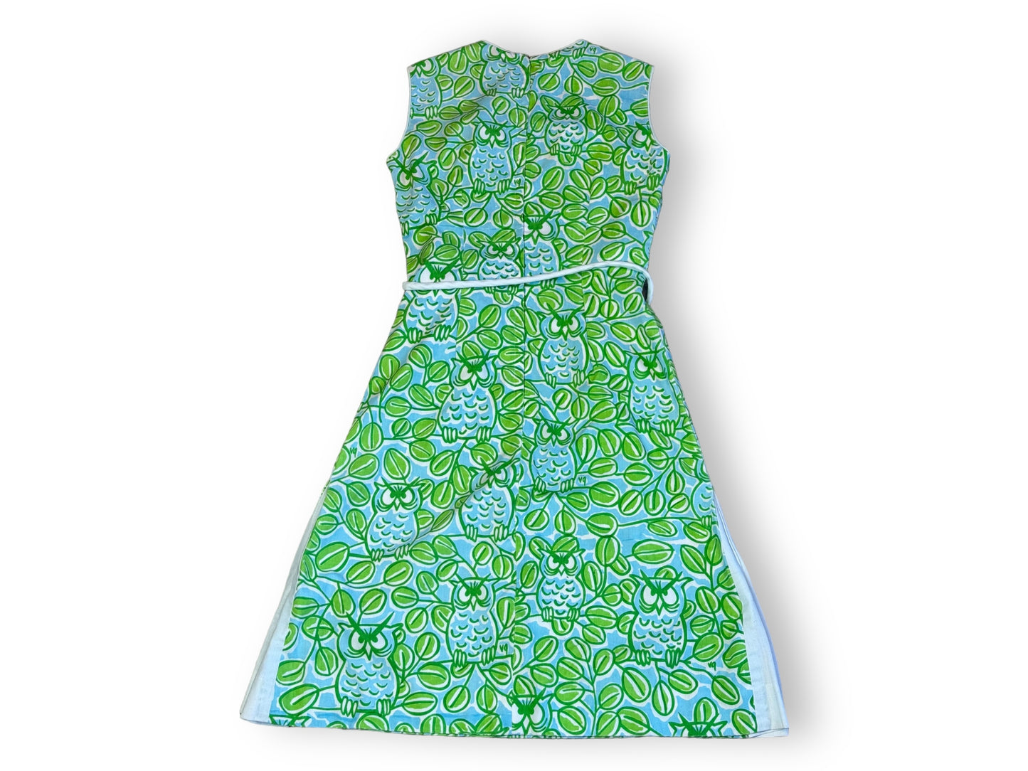 1970s Vested Gentress Green & Blue Owl Tie Dress