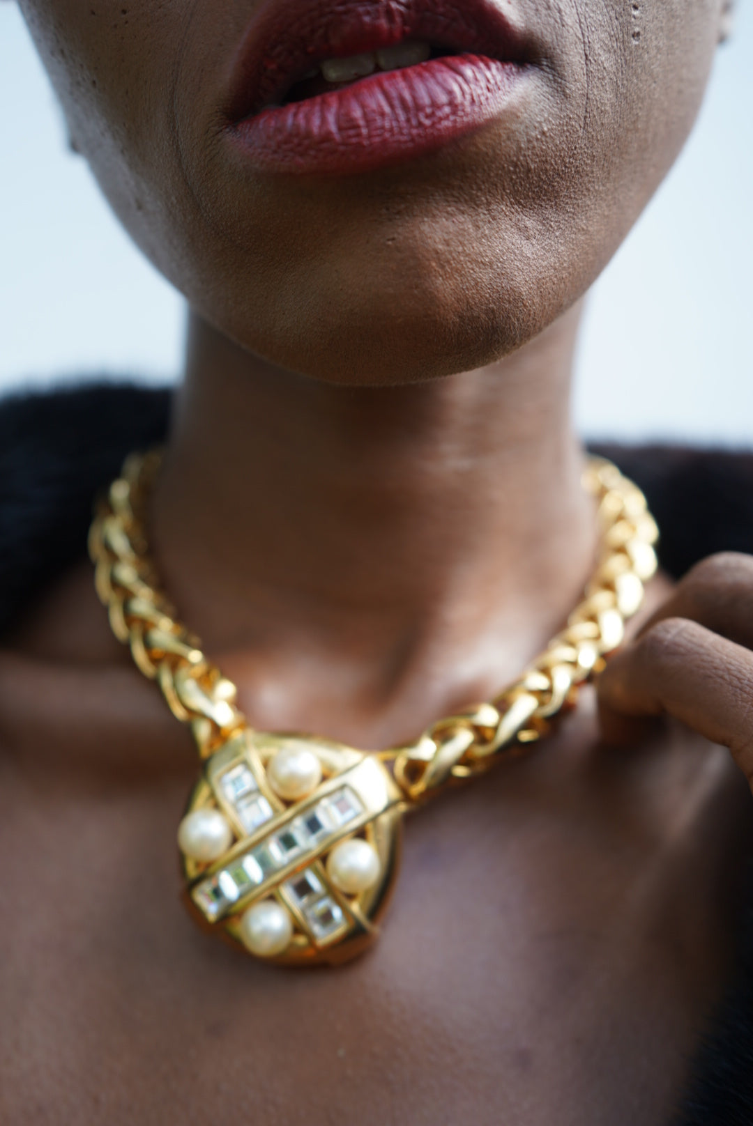 2. Craft Gold Statement Collar with Pearl & Crystal Medallion (Signed)
