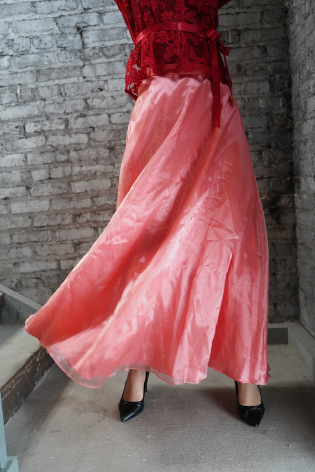 1990s Roberta Organza Peach Crinkle Circle Skirt