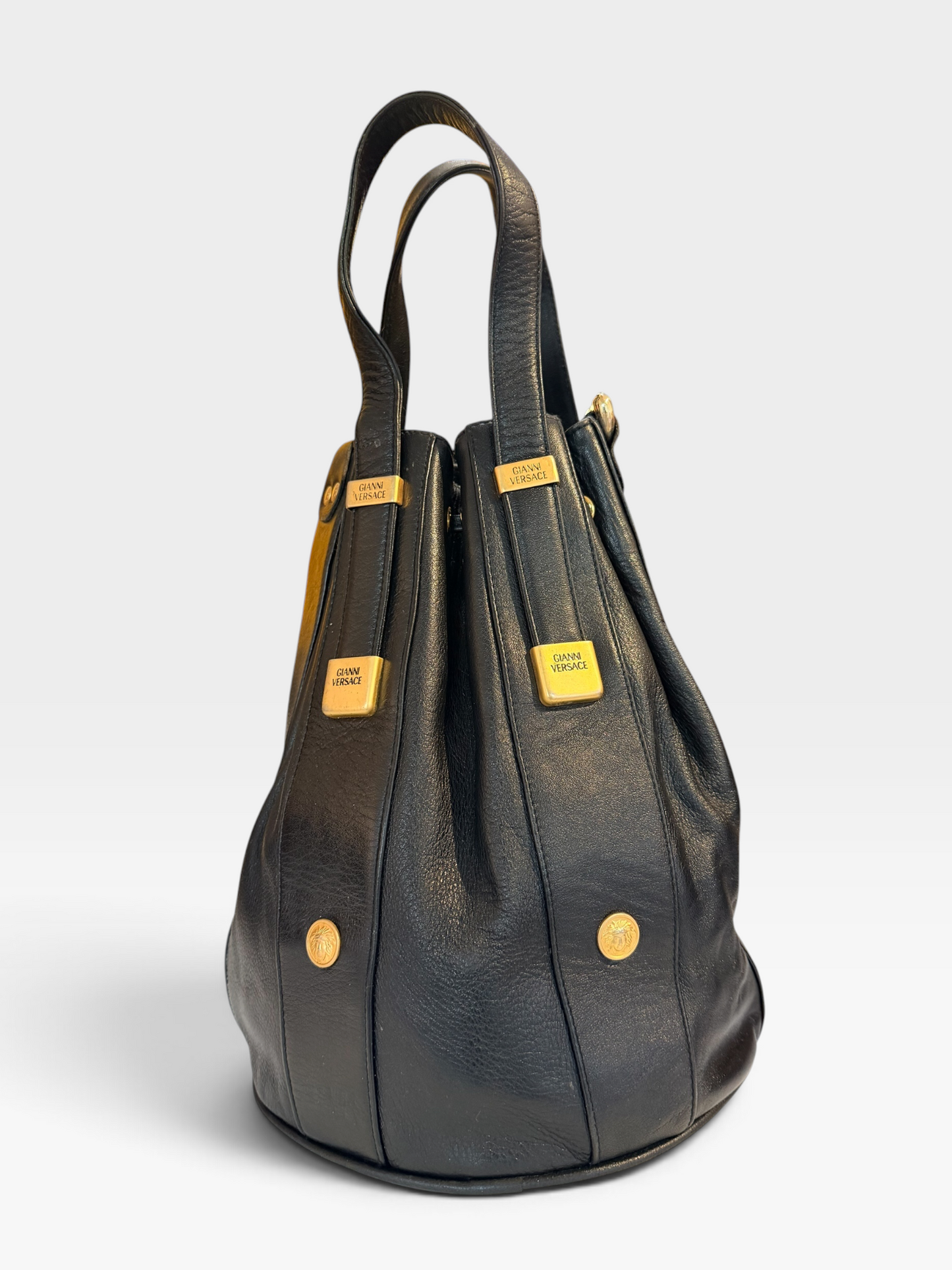 1990s Gianni Versace Medusa Leather Bucket Bag