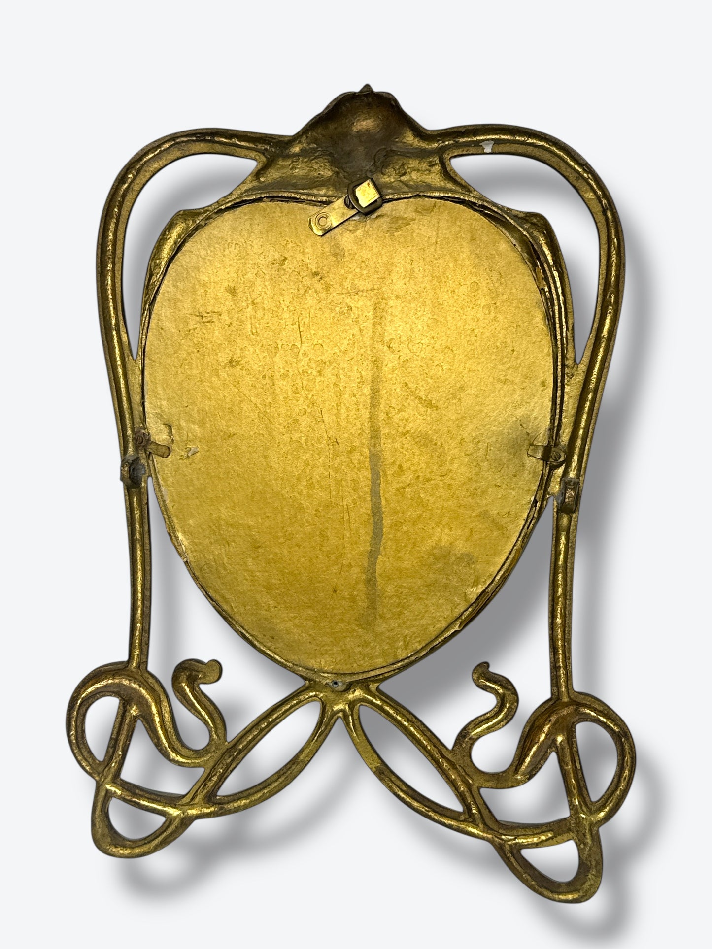 Antique Art Nouveau Brass Vanity Mirror – Shield Shaped with Sculptural Base