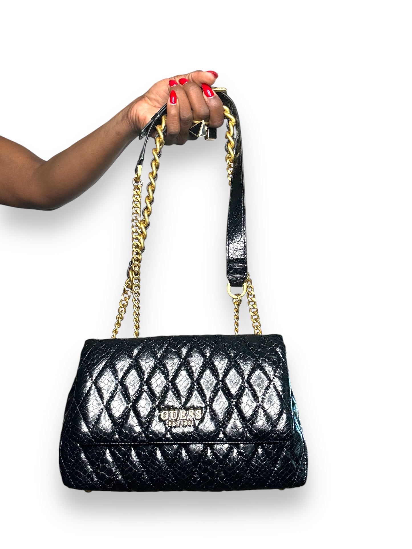 Trend: “Guess” Black and Gold Embossed Leather Shoulder Bag