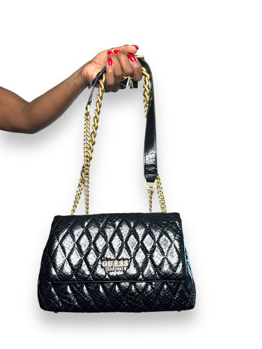 Trend: “Guess” Black and Gold Embossed Leather Shoulder Bag