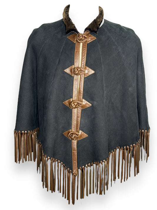 Vintage Fringe and Leather Shearling Poncho