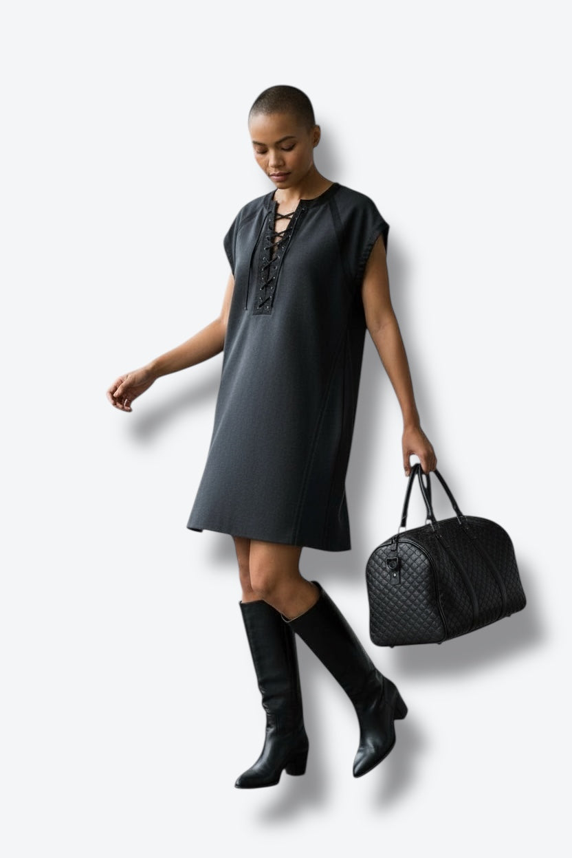 2000s Bottega Veneta Charcoal Dress Designer Lace Up Shift Dress