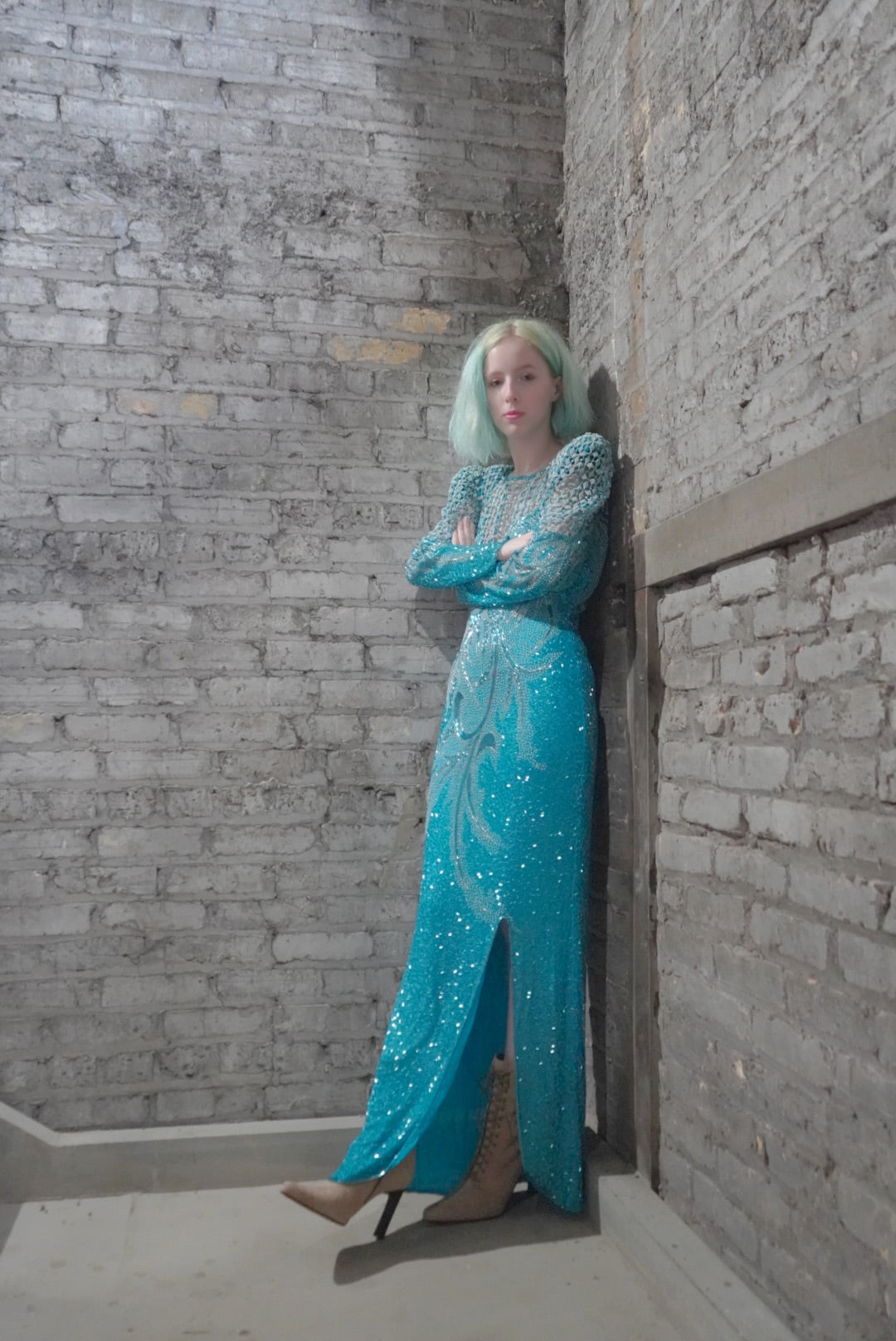 1980s sequin dress Klass Collection Blue Calvin Klein - Brandclub high side slit engabs1741 Size:XL (10-24)
