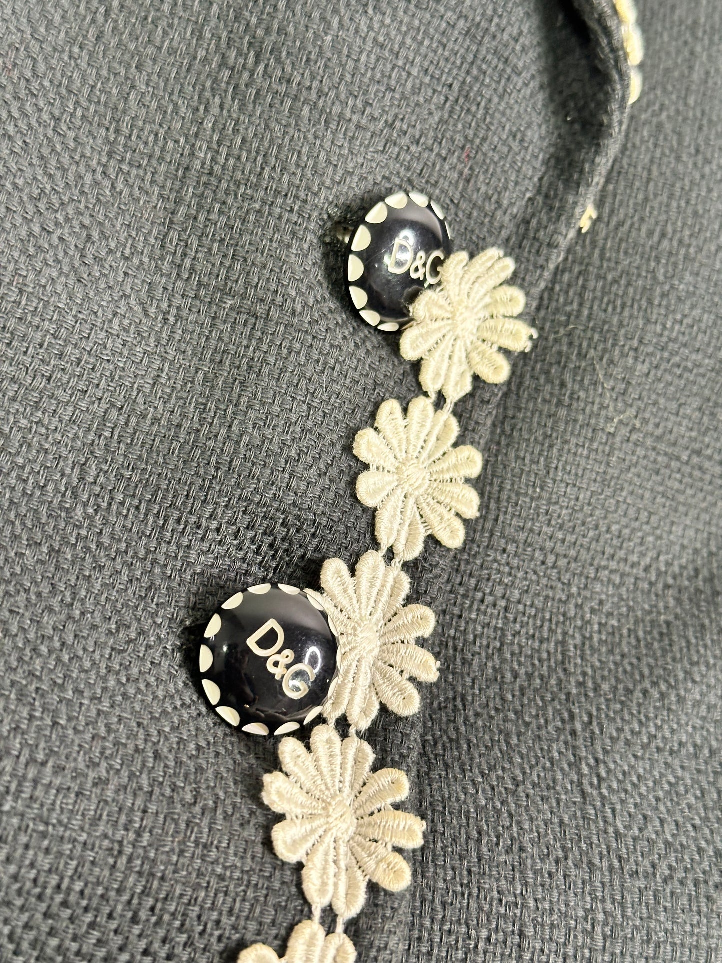 1990s Dolce & Gabbana Black White Rick Rack Floral Trim Suit