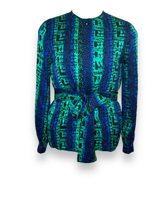 1980s Bold Green and Blue Belted Sill Blouse