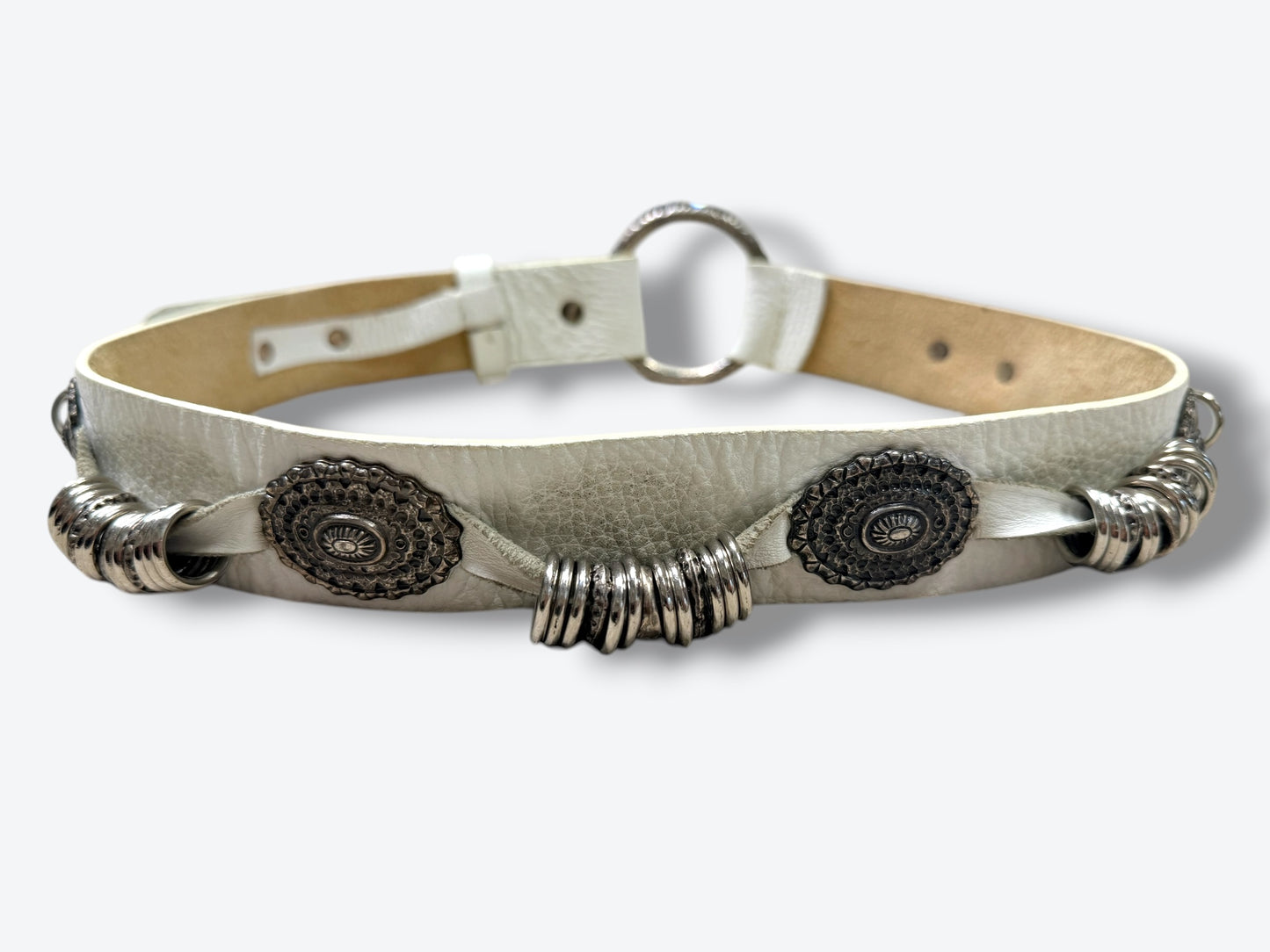 Vintage White Leather Belt with Silver Concho & Ring Hardware