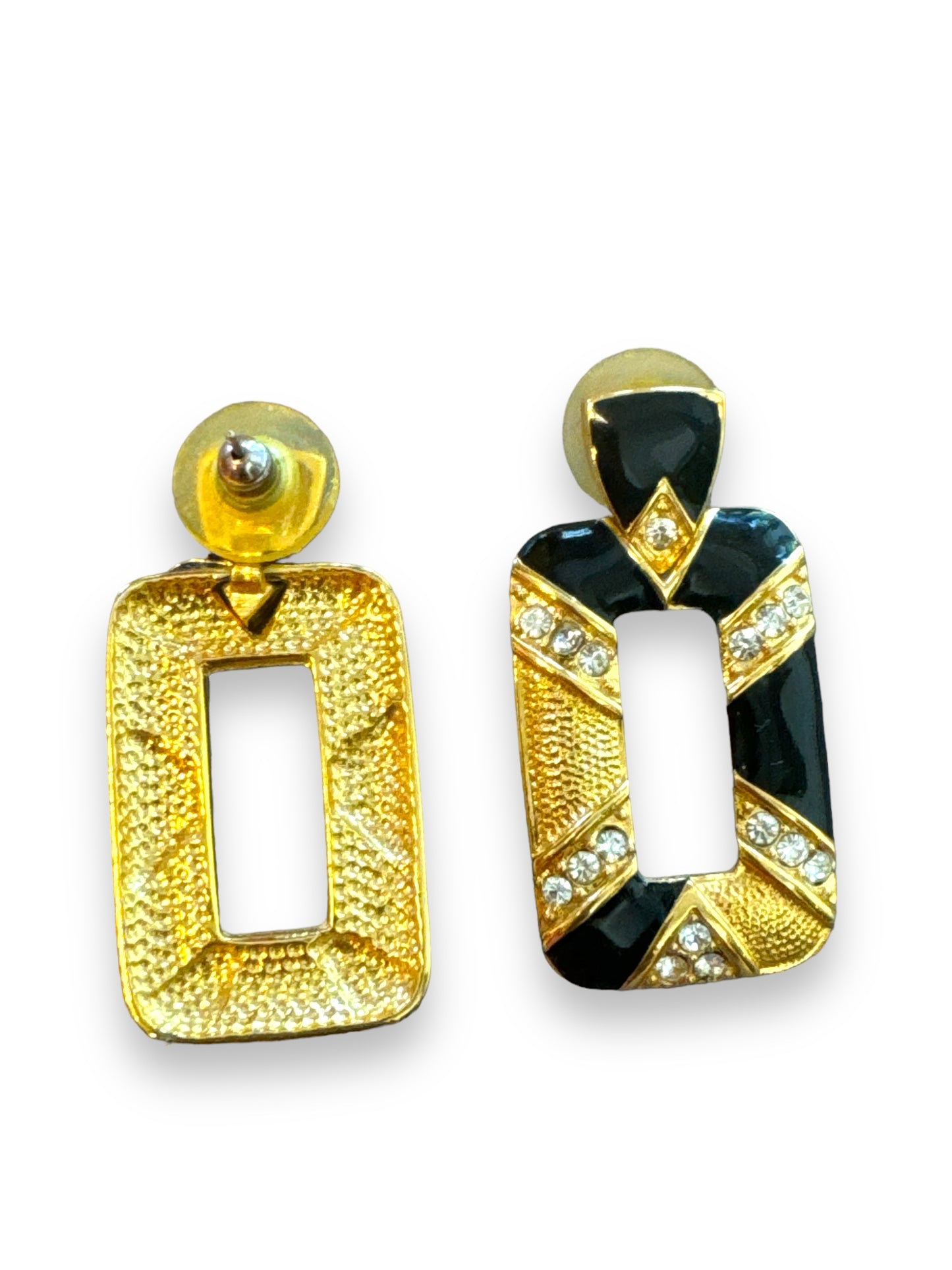 1980s Rhinestone Black + Gold Rectangular Dangle Earrings