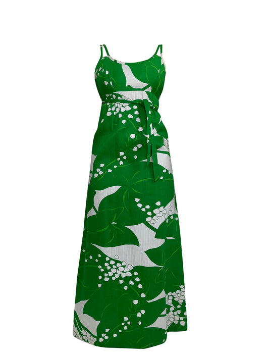1960's Malia Honolulu Green Floral Tie Dress