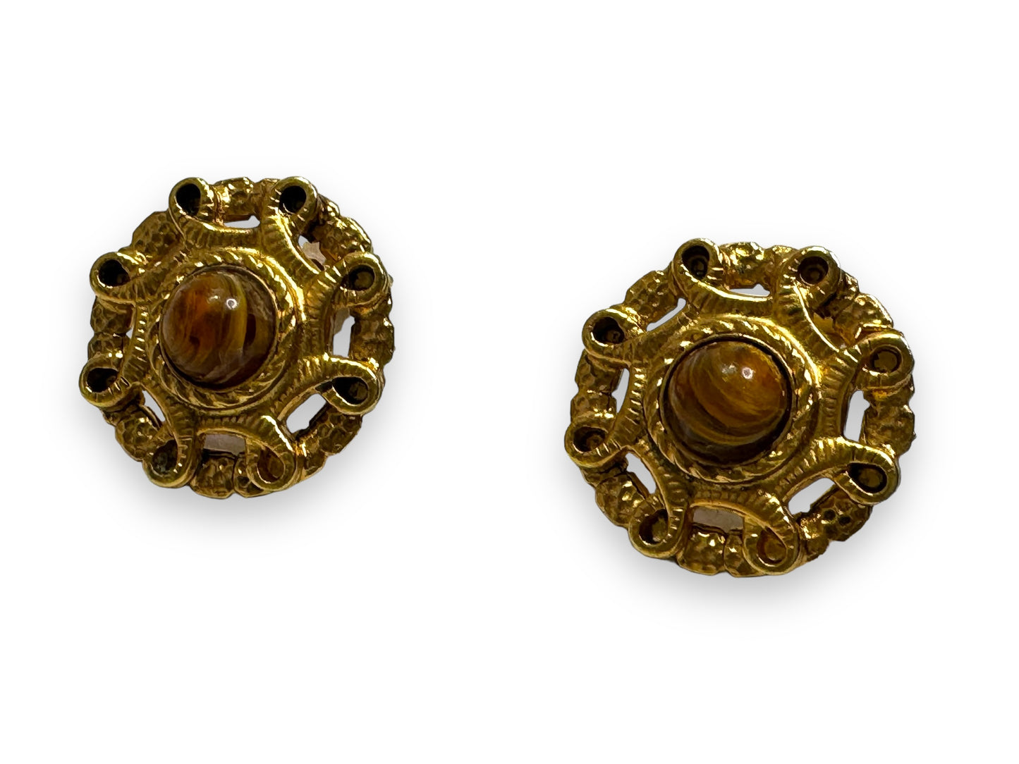 1980s Clip On Gold and Brown Enamel Earrings