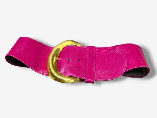 1990s/Y2K Donna Karen New York Obi Hot Pink Wide Leather + Brass Buckle Belt