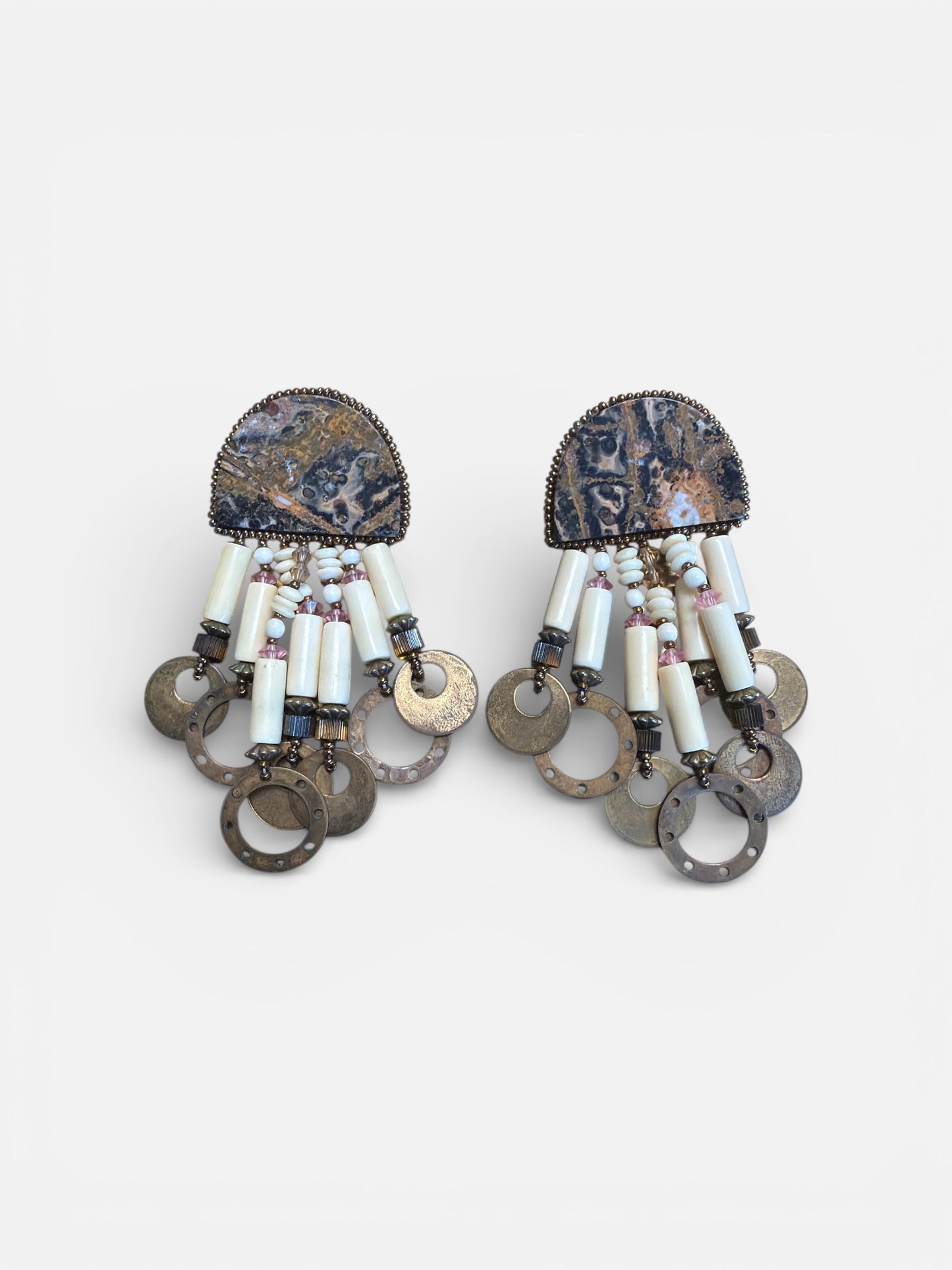 1980s Statement Fringe Earrings with Stone & Mixed Beads