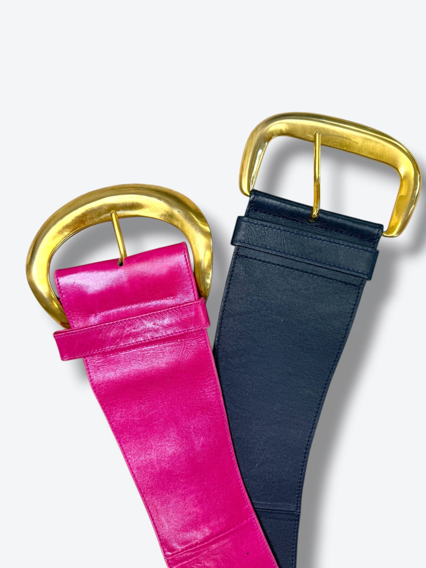 Vintage Donna Karan Navy Obi Leather Wide Waist Belt with Gold Buckle