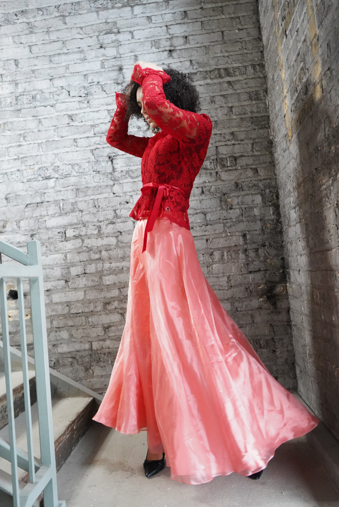 1990s Roberta Organza Peach Crinkle Circle Skirt