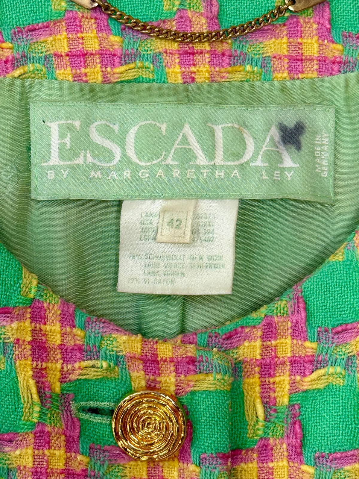 1990s / Y2K Pink and Green Escada Gold Button Blazer