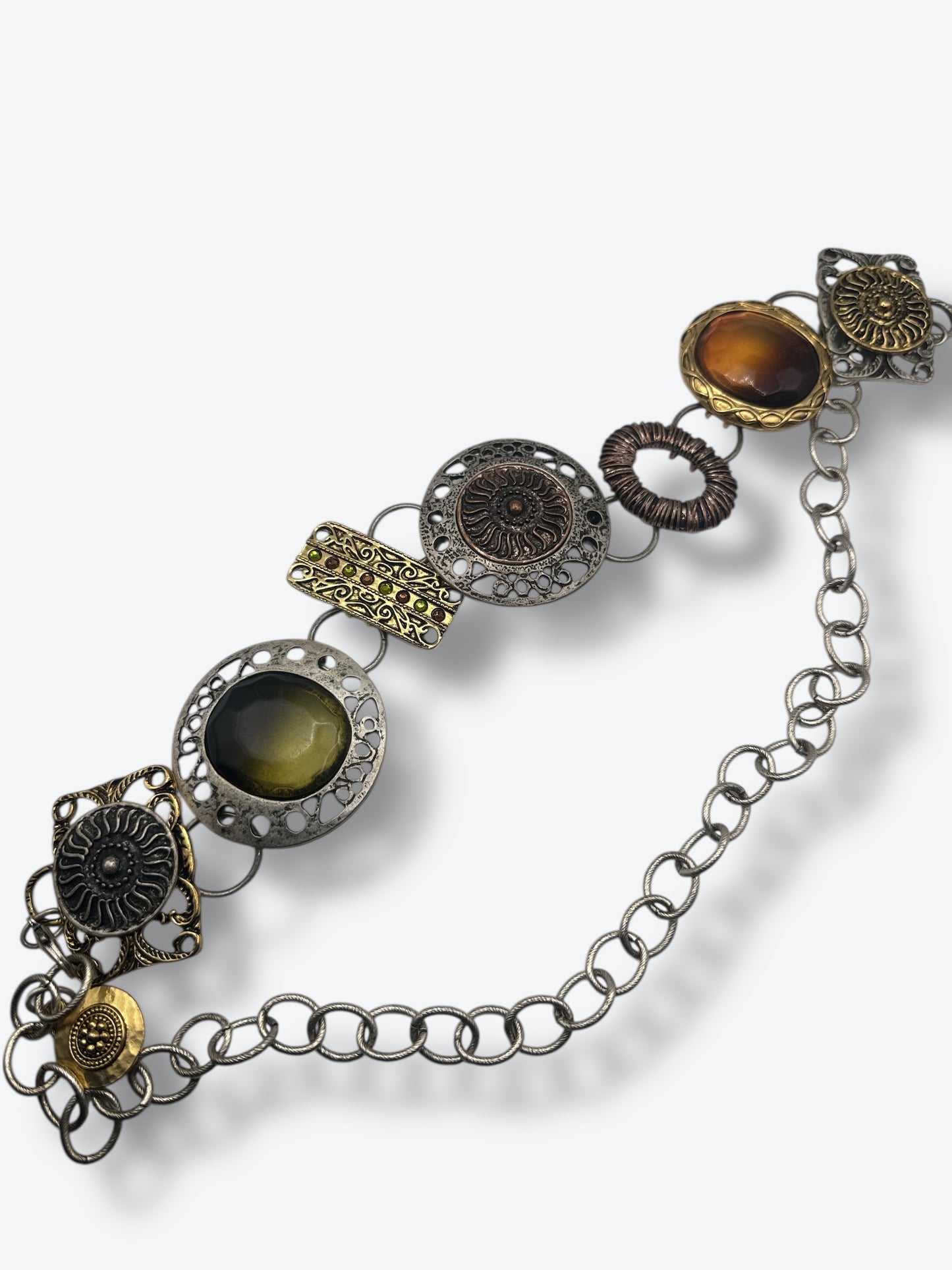 1970s Chicos Bohemian Medallion Chain Belt with Amber & Olive Accents