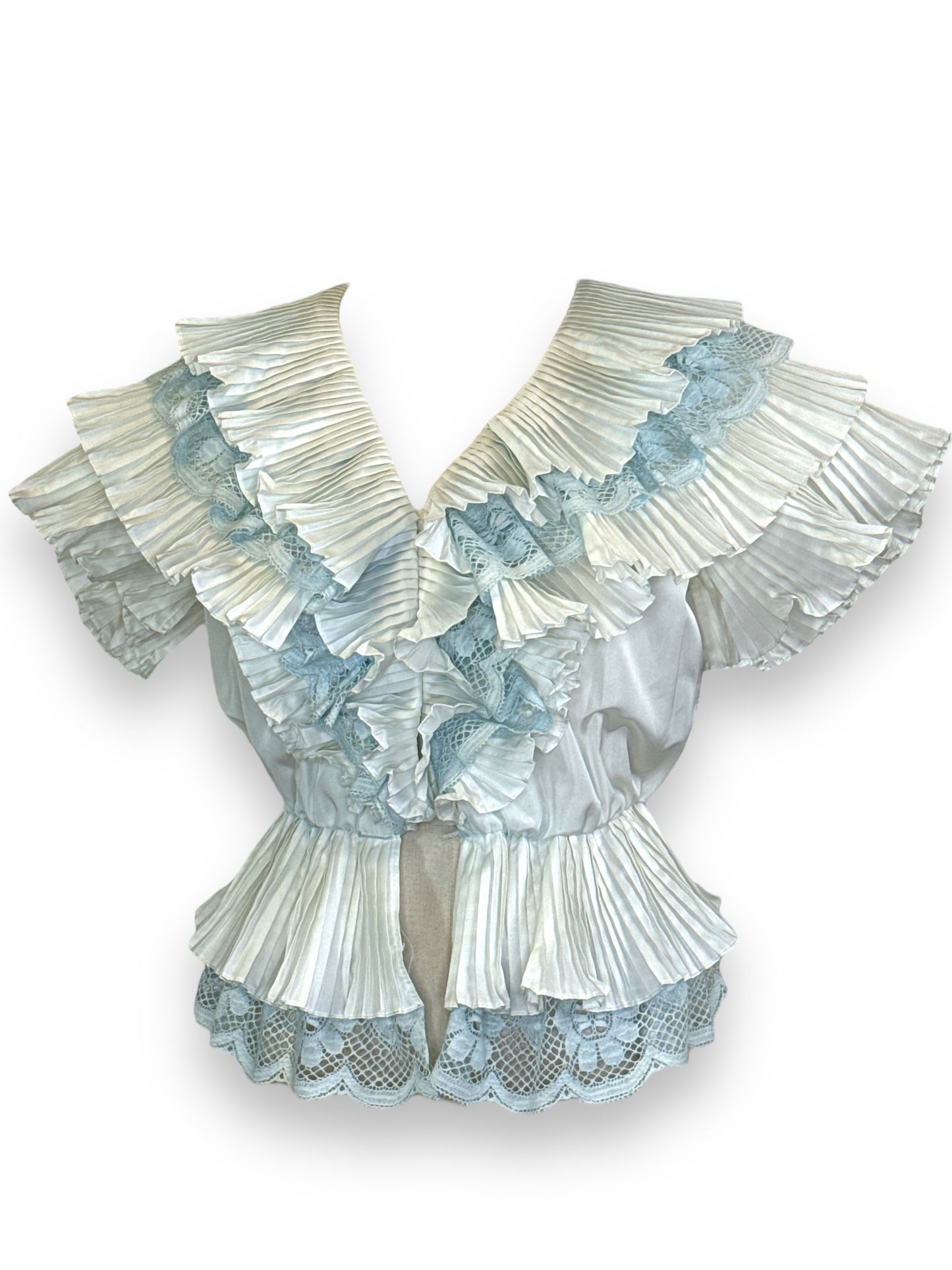 Vintage Creme + Blue Lace and Ruffle Top