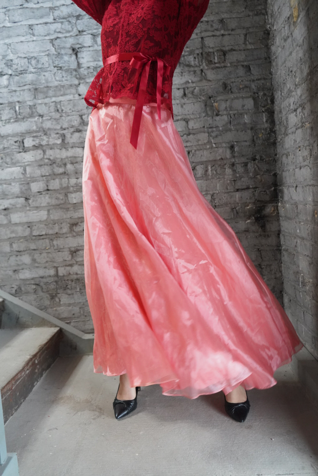 1990s Roberta Organza Peach Crinkle Circle Skirt