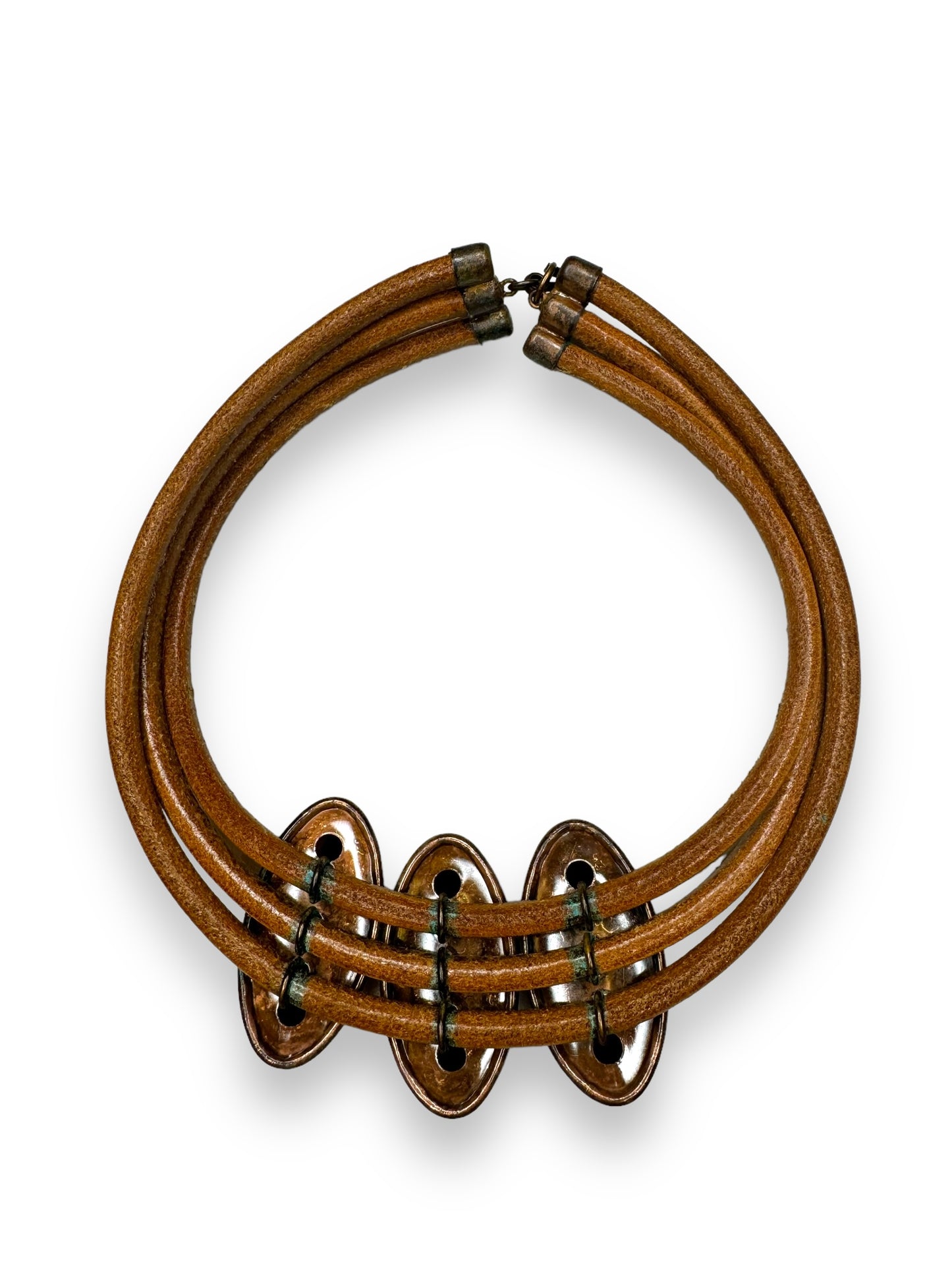 Vintage Brown Leather Enamel and Tribal Chocker