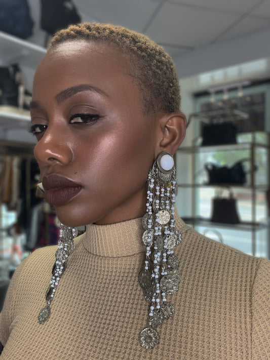 1970s/80s Sliver + White Unsigned Hippie Earrings (Clip On)