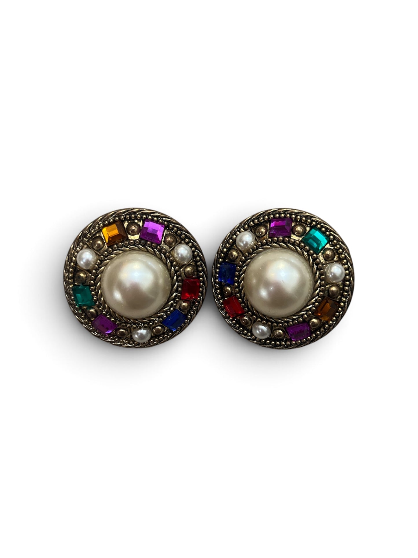 1990s Round Pearl + Multi Gem Stone Earrings