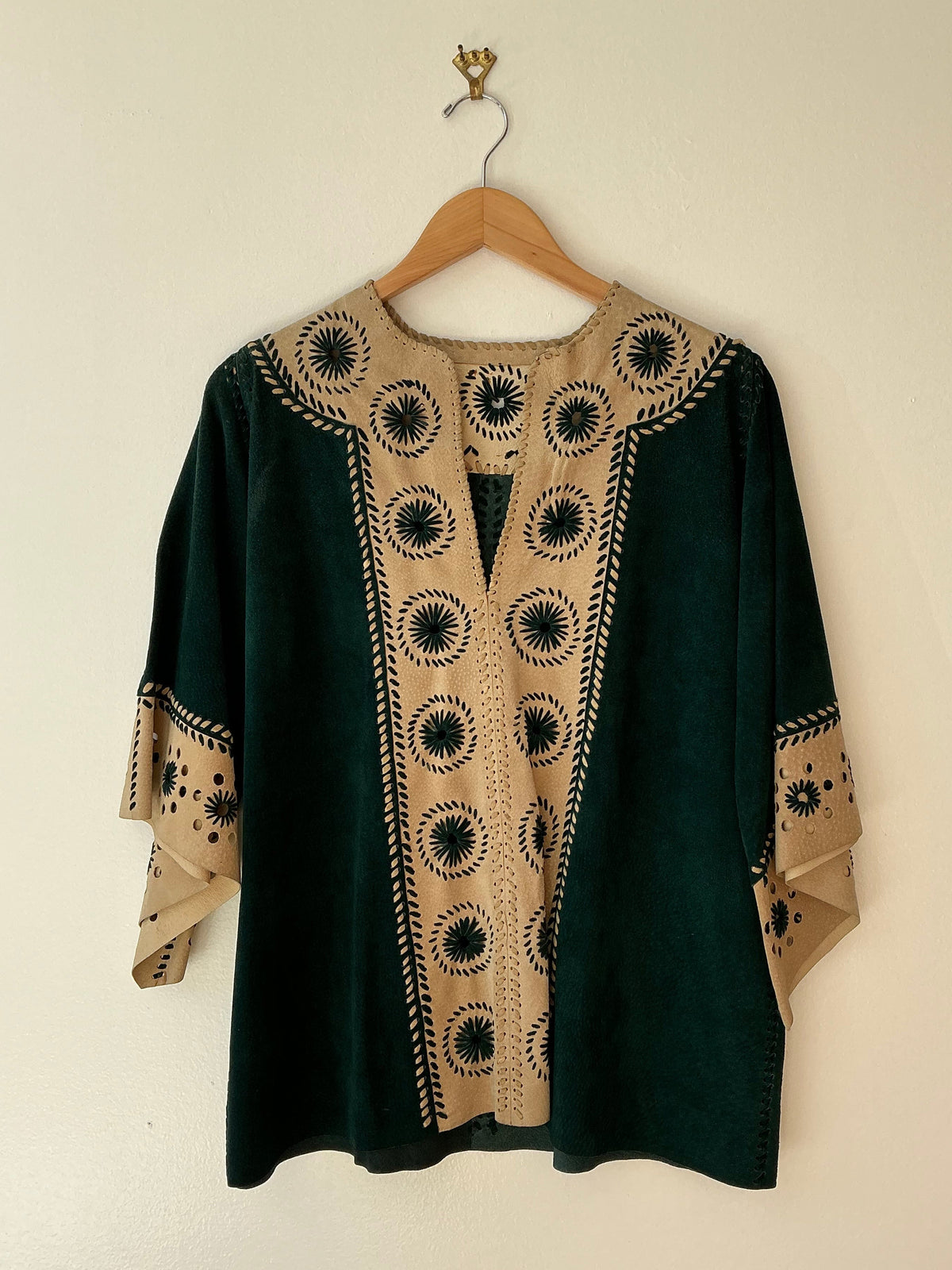 1970s Hunter Green + Beige Leather Top