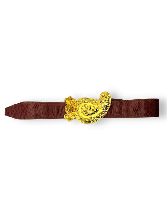 1980s Alexis Kirk 5” Gold Paisley Brown Belt