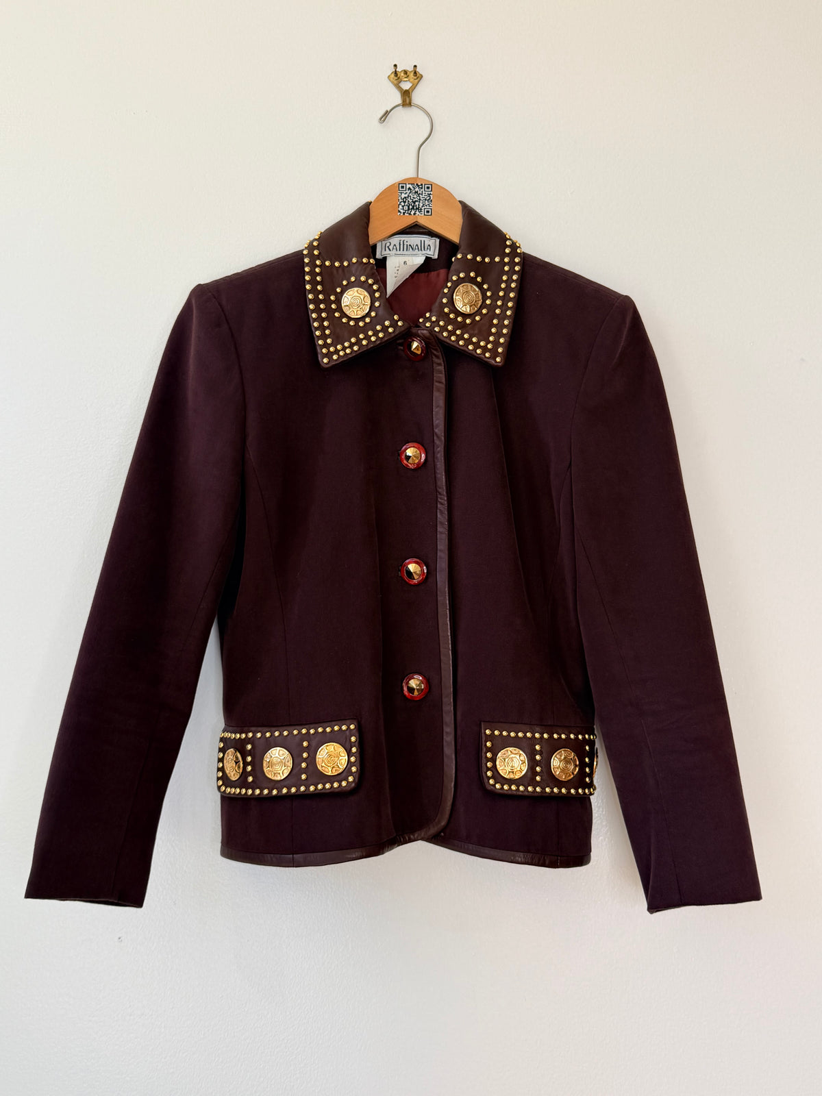 1990s Raffinalla Leather and Gold Hardware Brown Blazer