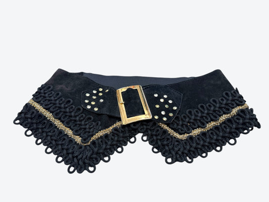 Vintage Embellished Statement Belt with Gold Buckle & Trim Detail
