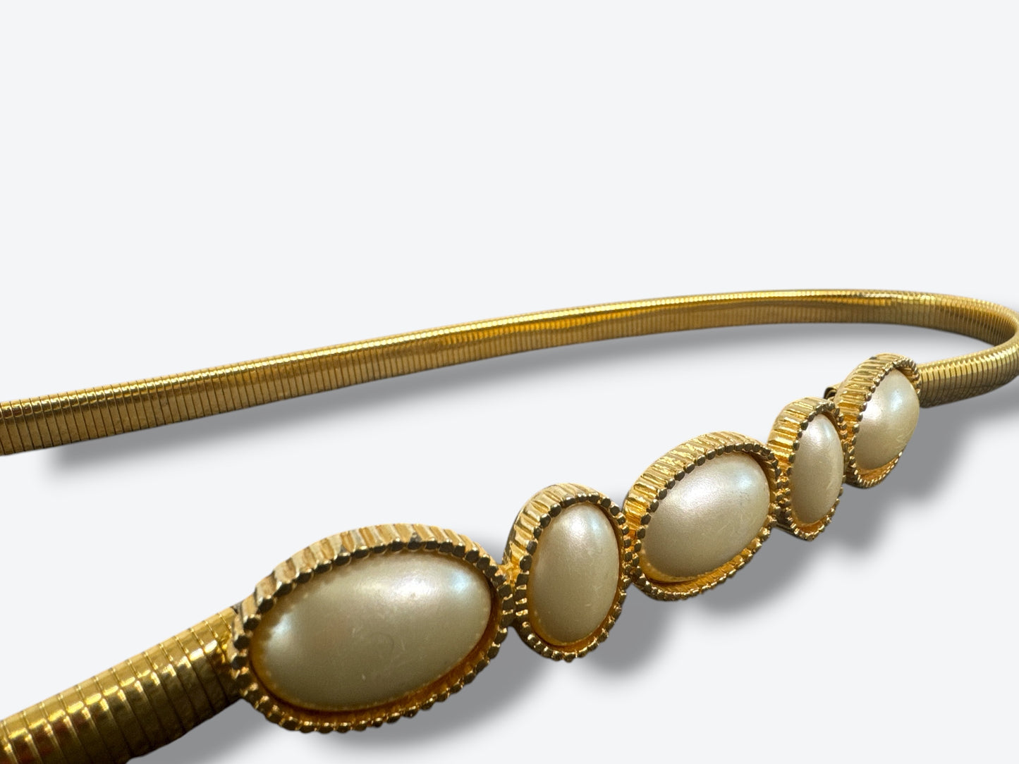 1980s Accessocraft NYC Gold-Tone Snake Chain Belt with Faux Pearl Cabochons