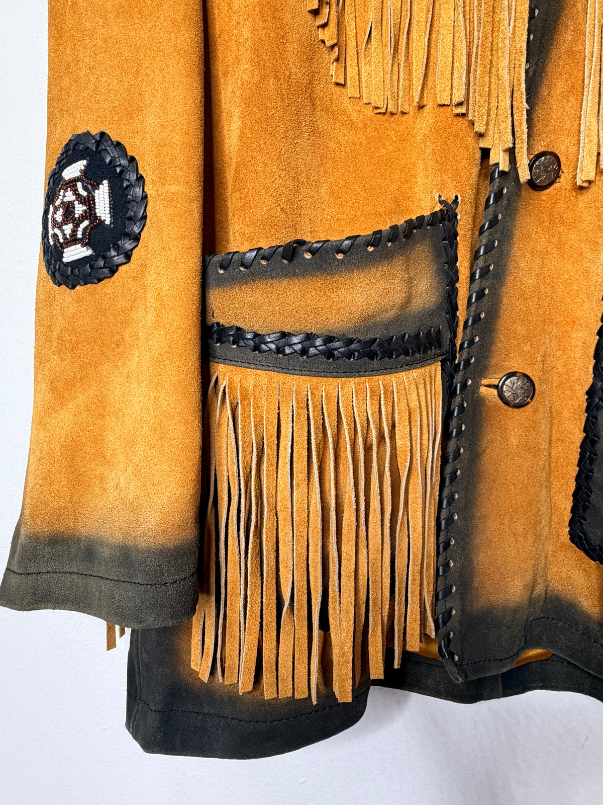 1970s/80s 3B West Burn Out Whipstitched Fringe Suede Leather Jacket