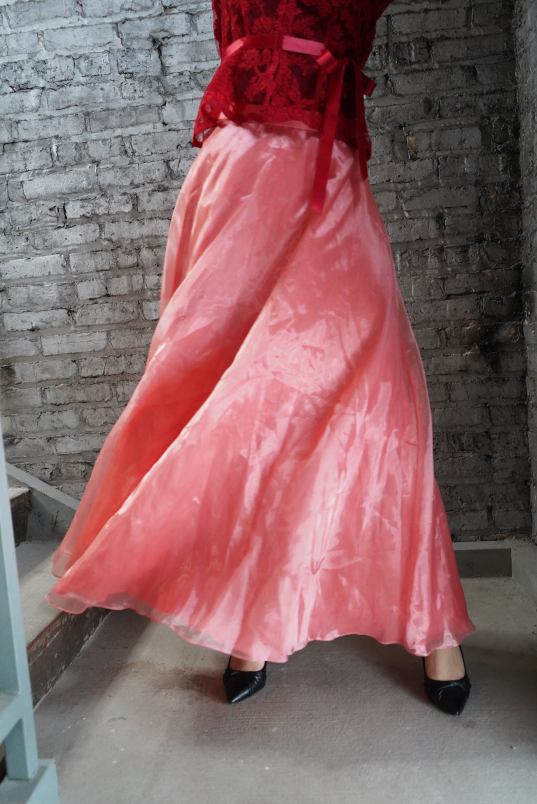 1990s Roberta Organza Peach Crinkle Circle Skirt