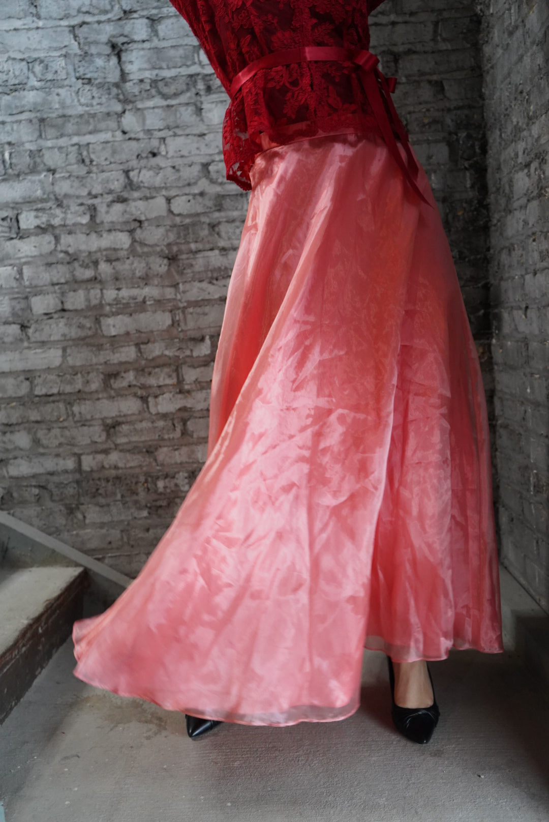 1990s Roberta Organza Peach Crinkle Circle Skirt