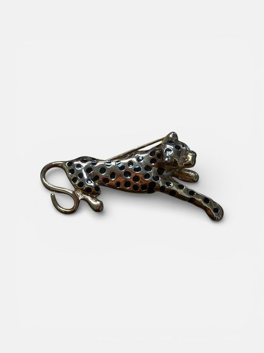 1990s 1.5” Cheetah Black + Gold Enamel Brooch