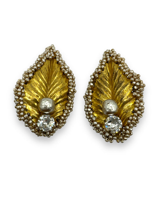 1980s Miram Haskell Gold and Sea Bead Clip On Leaf Earrings