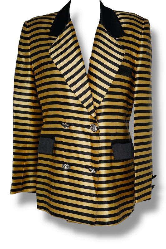 1980s Lilli Taylor Black & Creme Stripe Diamond Button Blazer