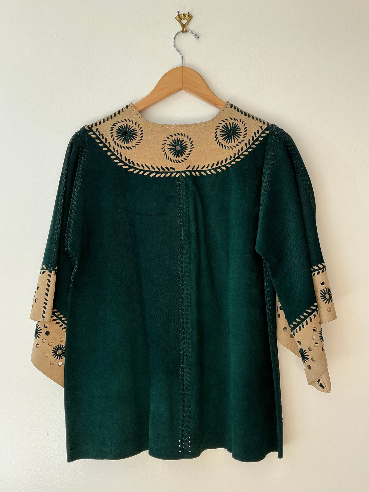 1970s Hunter Green + Beige Leather Top