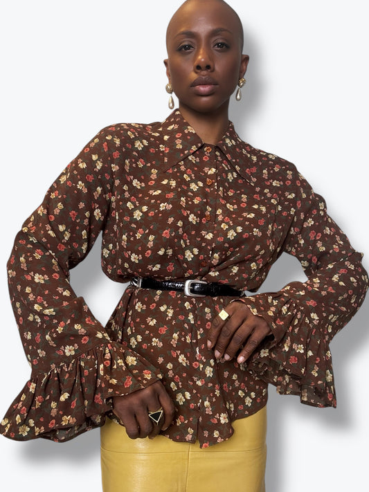 Y2K “Guess” Brown Floral Bell Sleeve Blouse