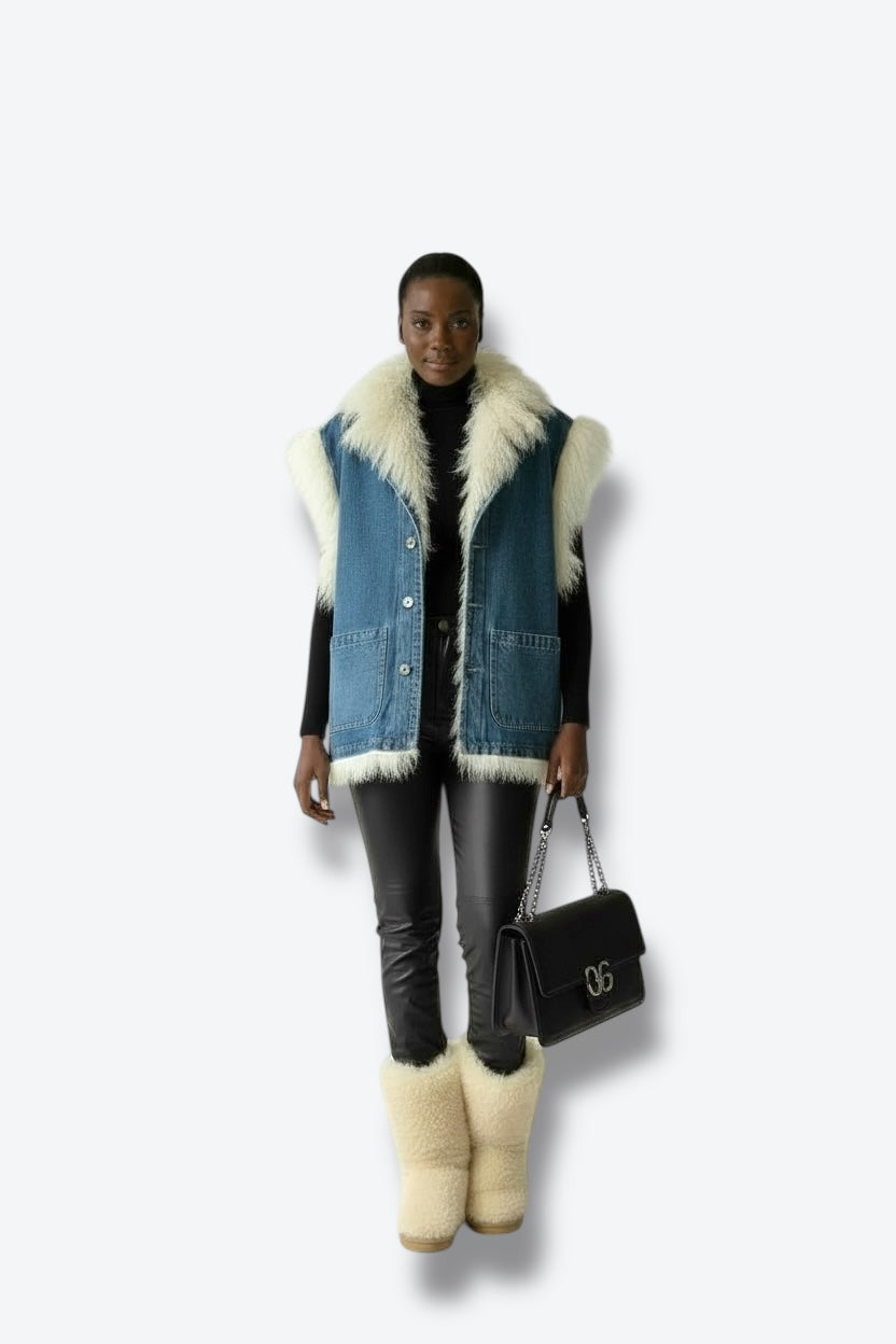 1990s Denim and Mongolian Lamb Vest